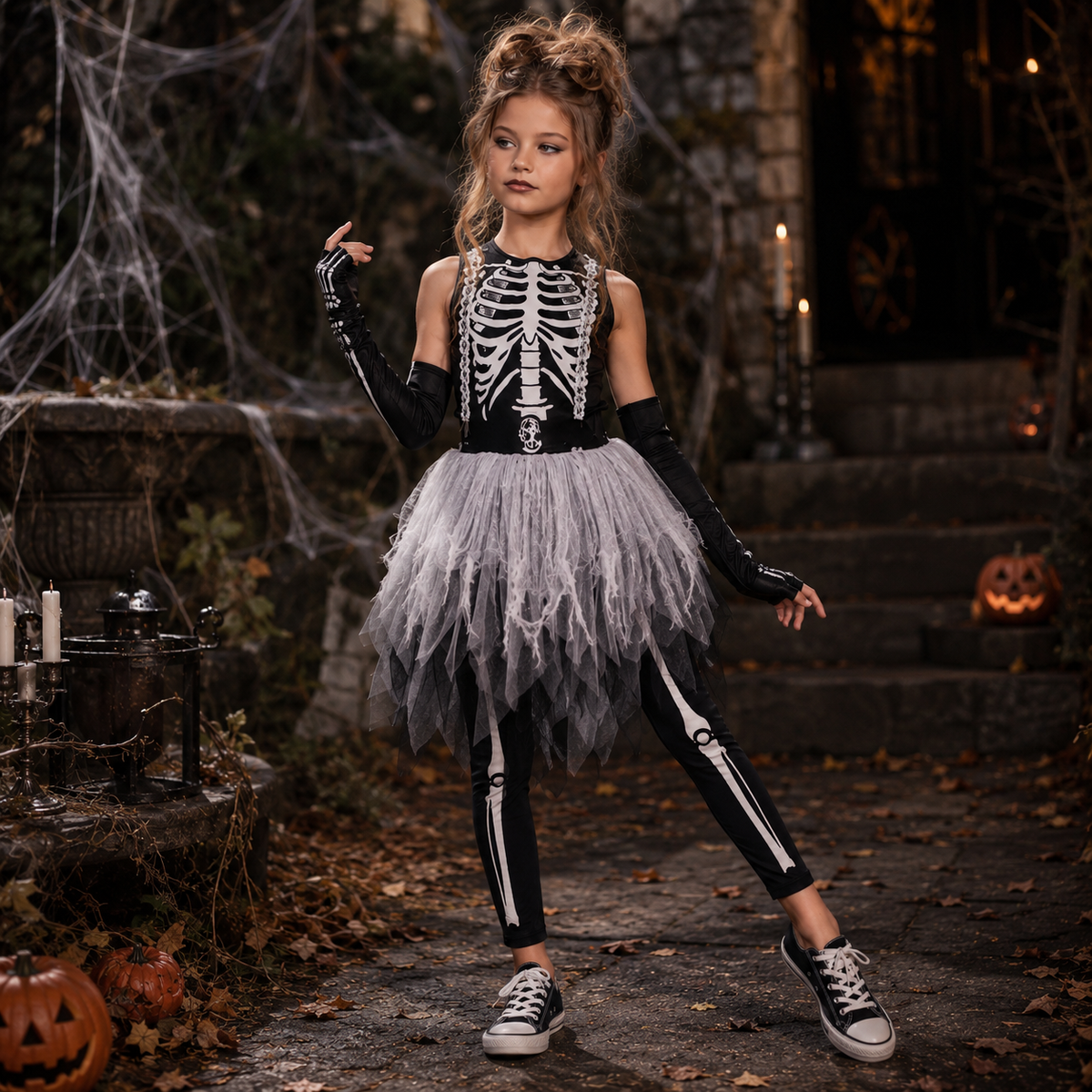 Girls Skeleton Tutu Dress Costume Bone Print Halloween Grim Reaper
