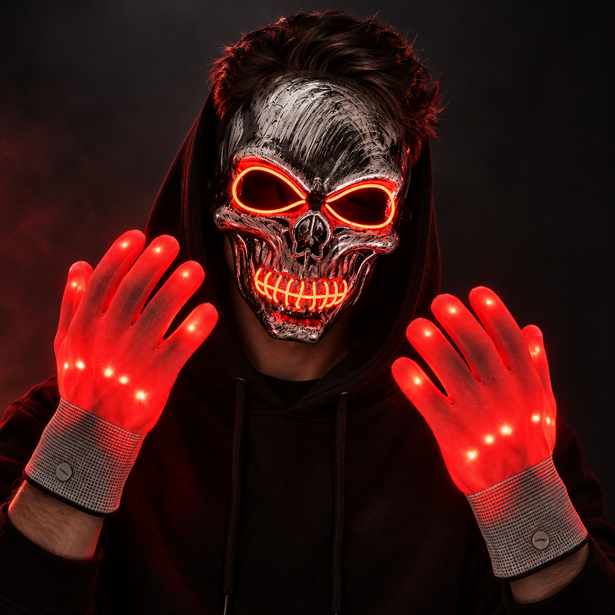 LED Skull Mask and Light Up Gloves Set Blue Red Green Halloween Rave