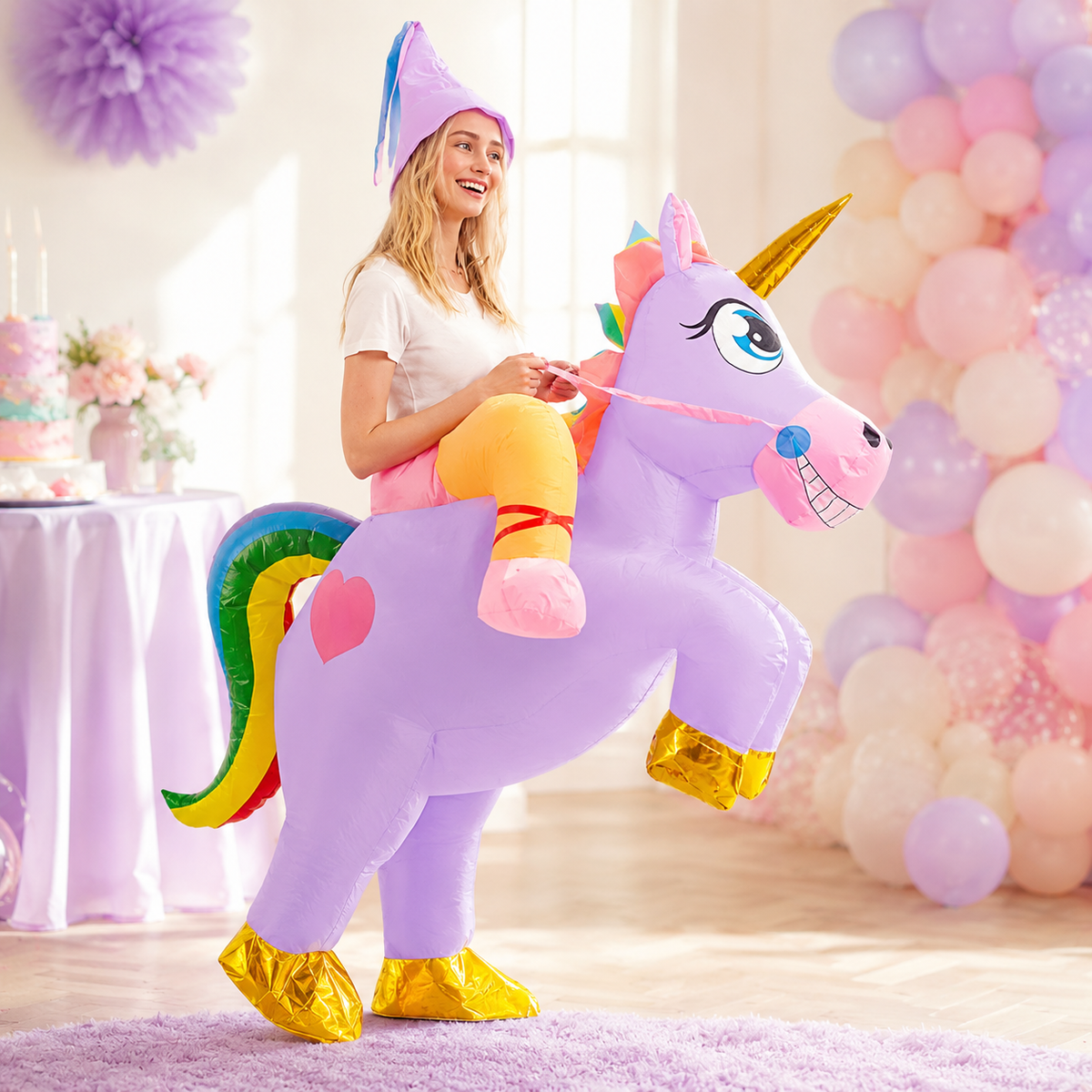 Inflatable Unicorn Ride On Costume Adult Rainbow Tail Pointed Hat