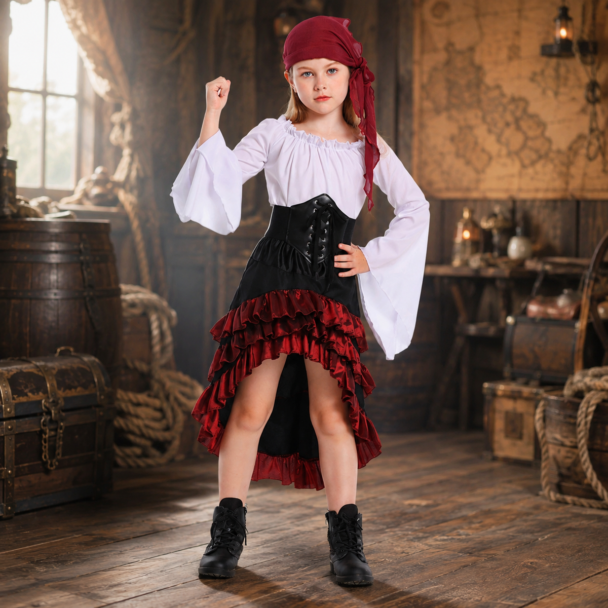 Girls Pirate Costume Blouse Corset Ruffle High Low Skirt Bandana