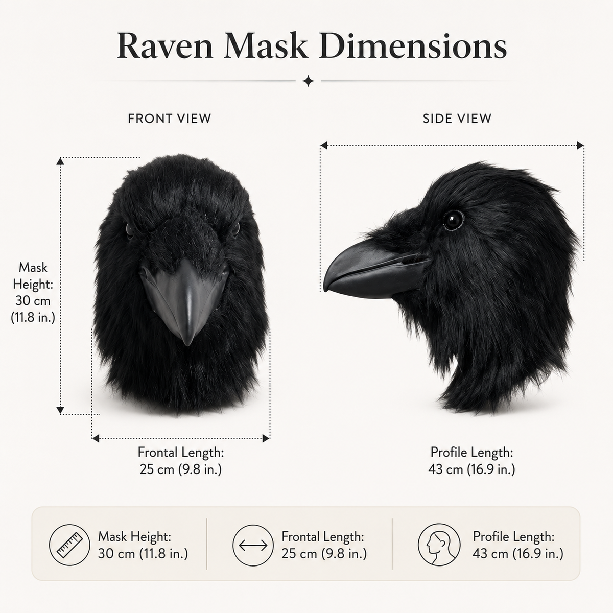 Black Raven Crow Mask Full Head Faux Fur Bird Mask Sculpted Beak