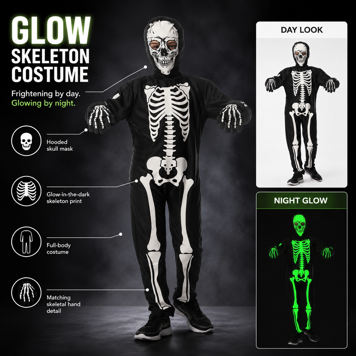 Glow in the Dark Skeleton Costume Hooded Skull Jumpsuit with Gloves