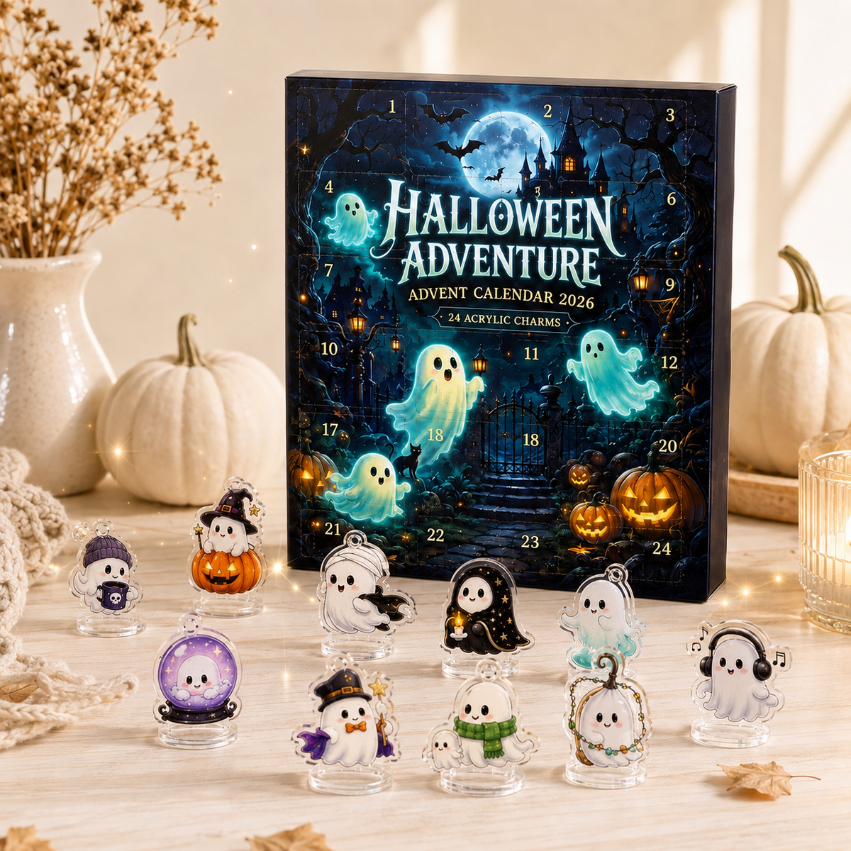 Halloween Advent Calendar 24 Ghost Acrylic Charms with Display Stands