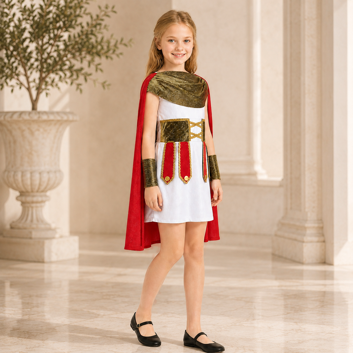 Girls Roman Warrior Costume White Dress Red Cape Gold Cuffs Gladiator