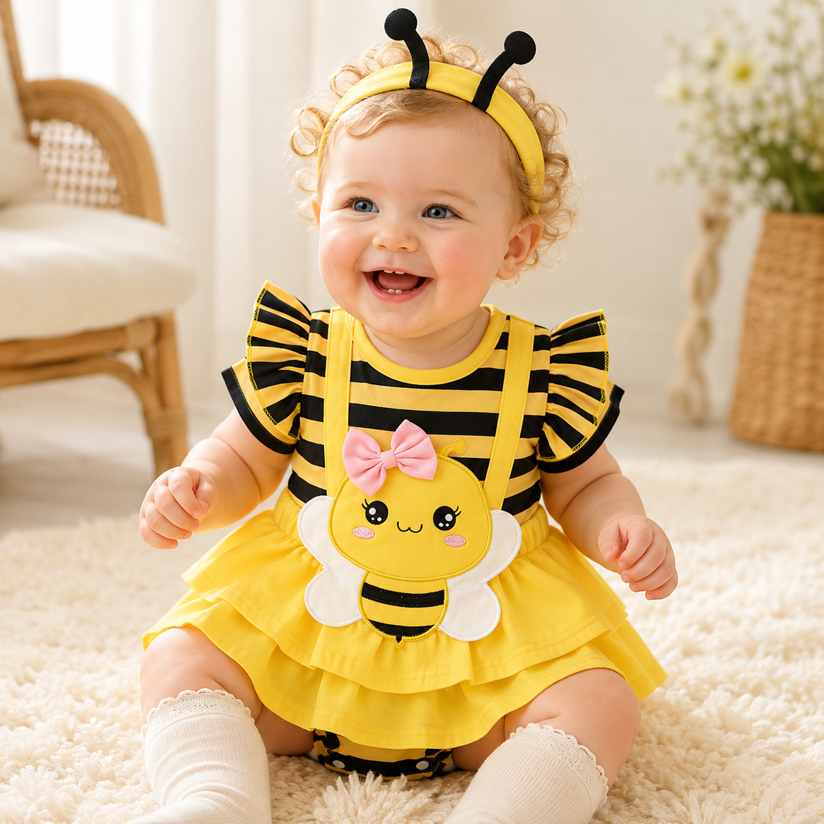 Baby Girl Bee Costume Romper Tutu Skirt with Antenna Headband