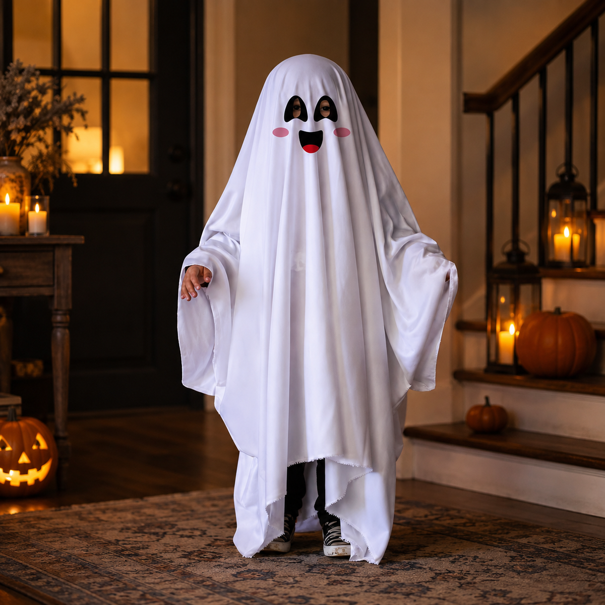 Kids Ghost Costume White Sheet Poncho with Cute Face Print Halloween
