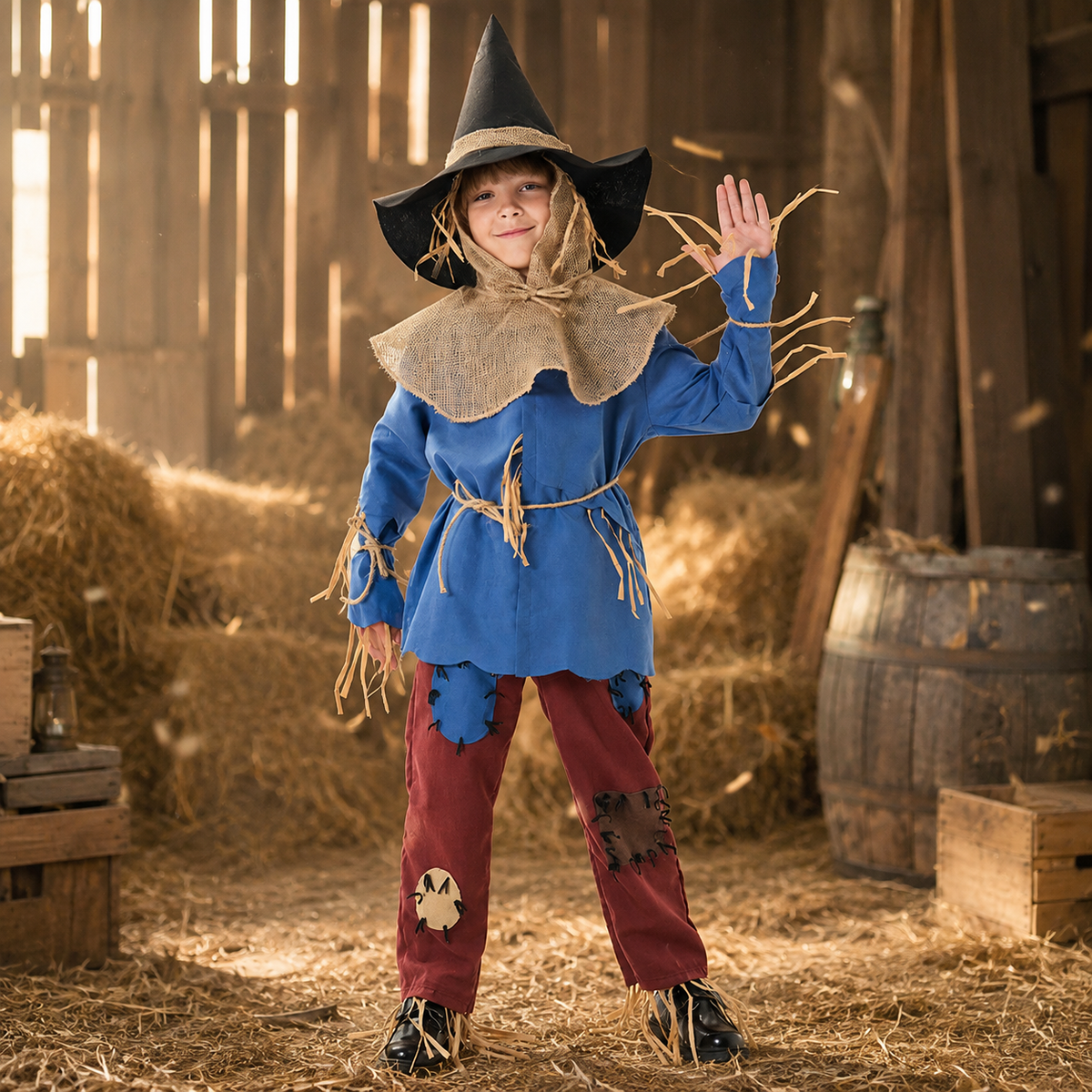 Kids Scarecrow Costume Blue Tunic Patched Pants Burlap Collar Hat