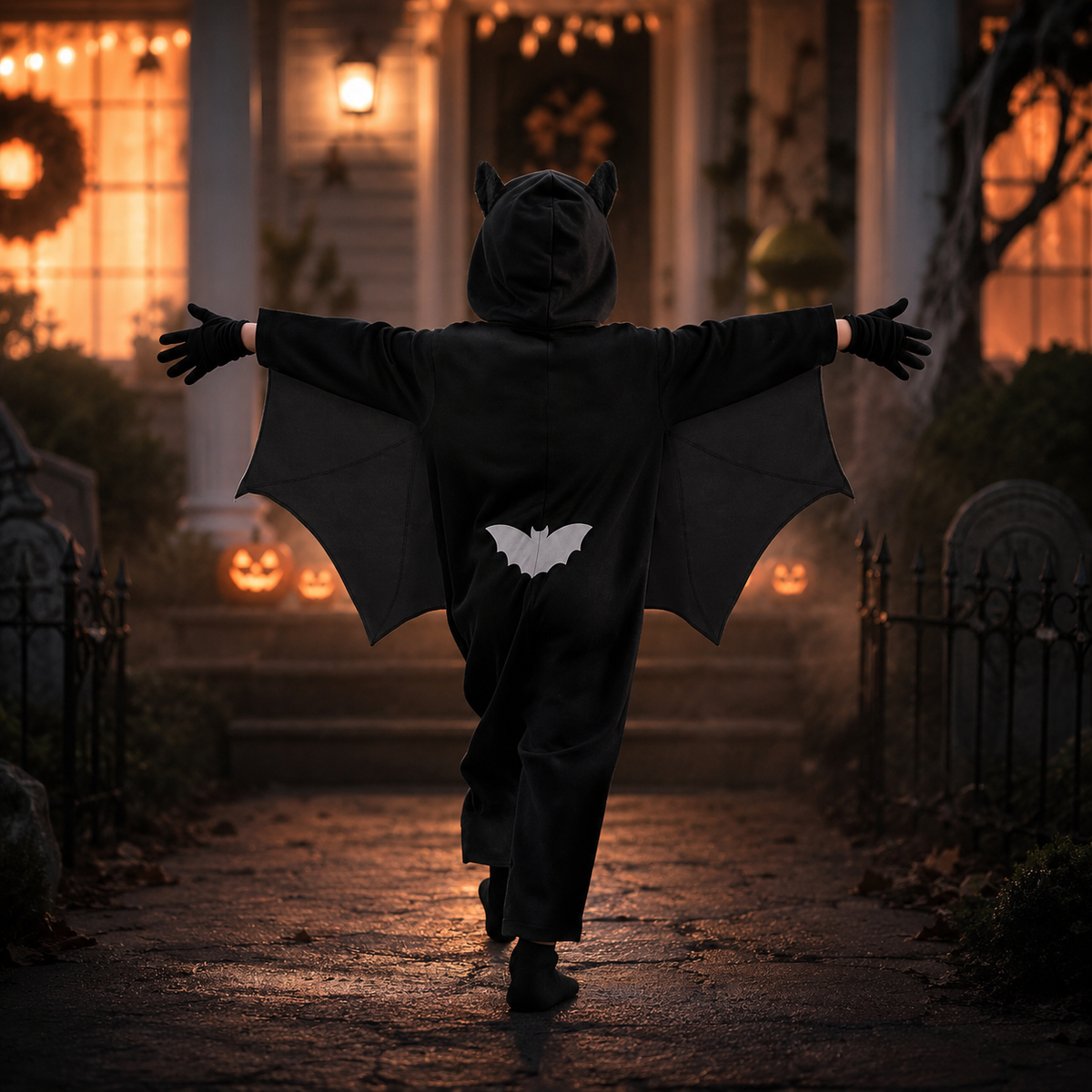 Kids Bat Costume Set Hooded Jumpsuit Wings Glow Face Gloves Stickers