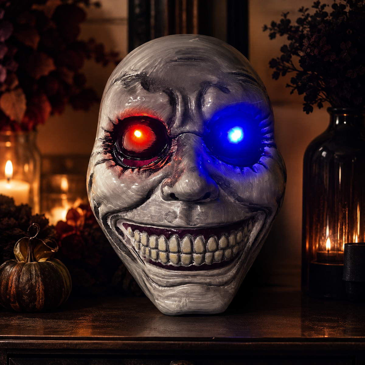 Light Up Creepy Smiling Face Mask LED Red Blue Eyes Halloween Mask