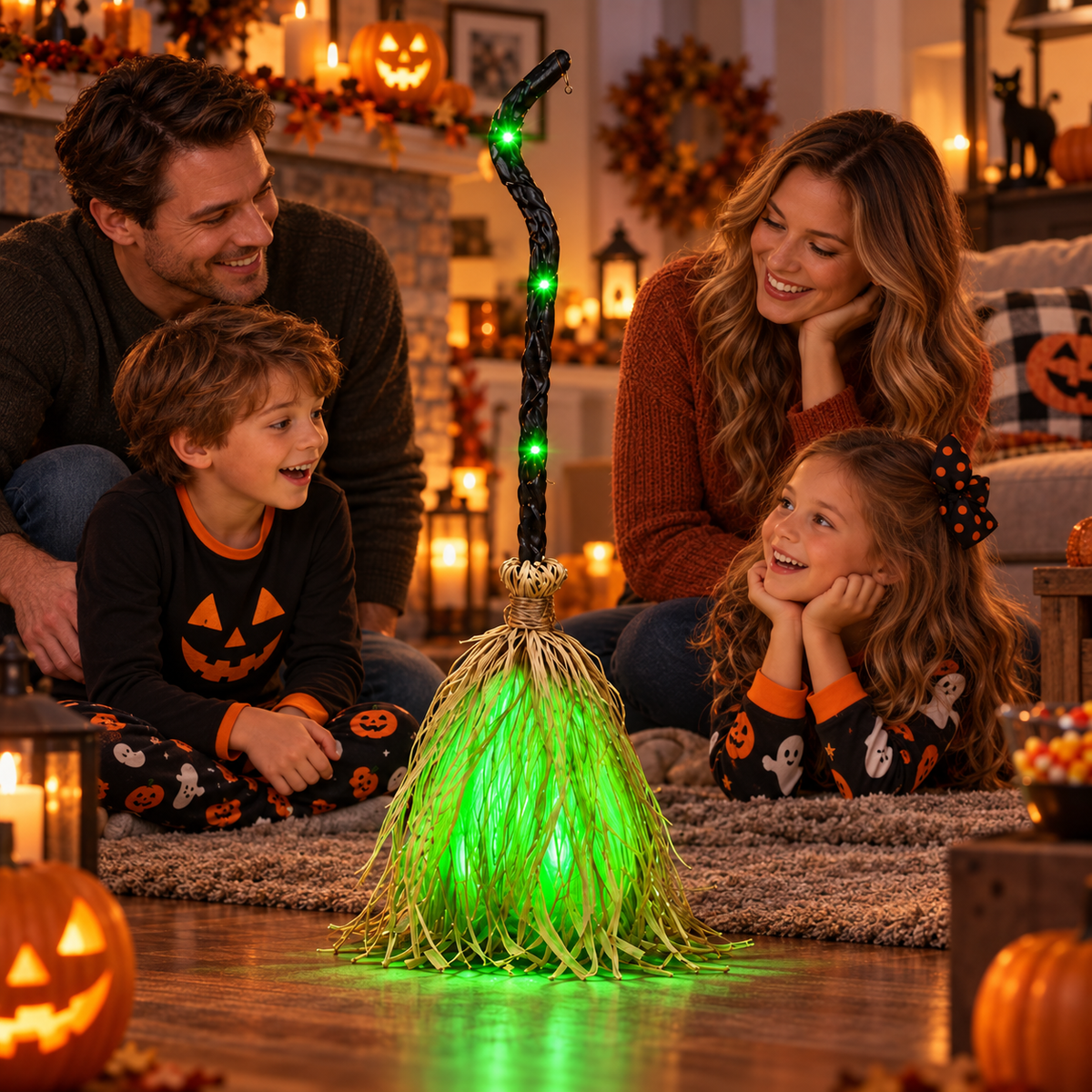 Light Up Witch Broom Halloween Decor Green LED Twisted Handle