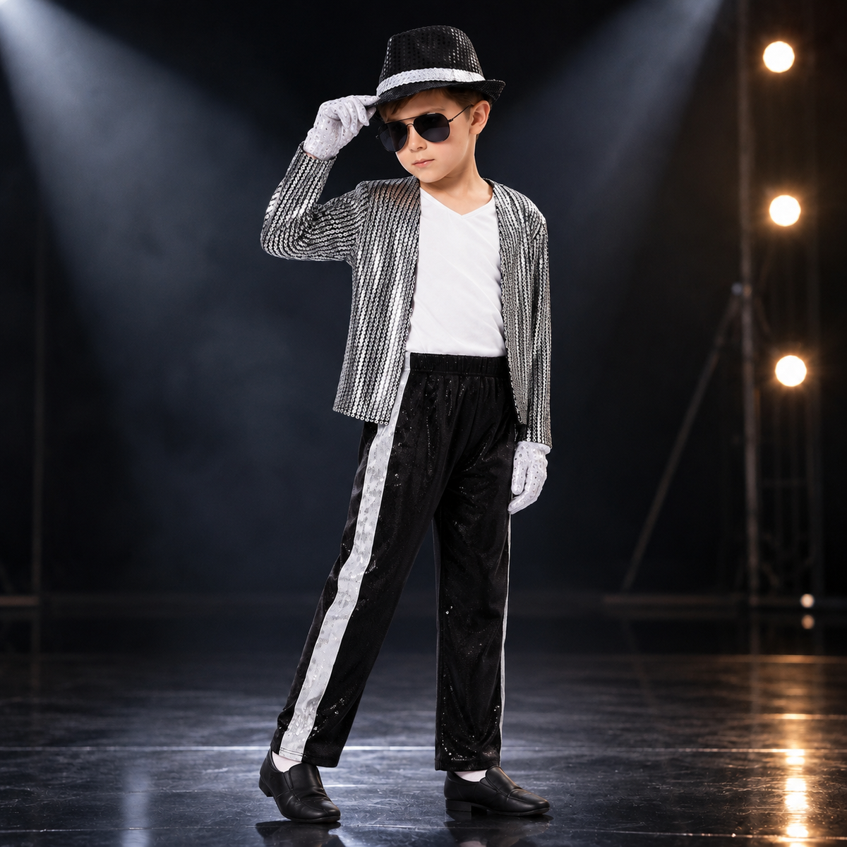 Kids 80s Pop Star Costume Silver Sequin Jacket Pants Fedora Gloves