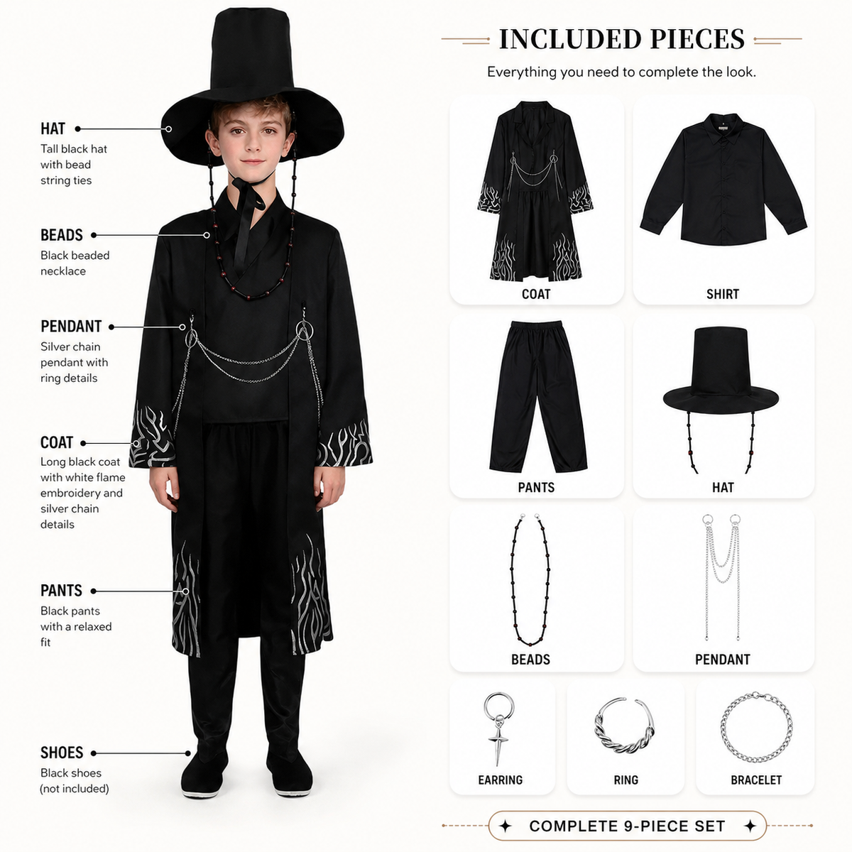 Demon Hunter Black Hanbok Cosplay Costume Tall Gat Hat Kids Adults