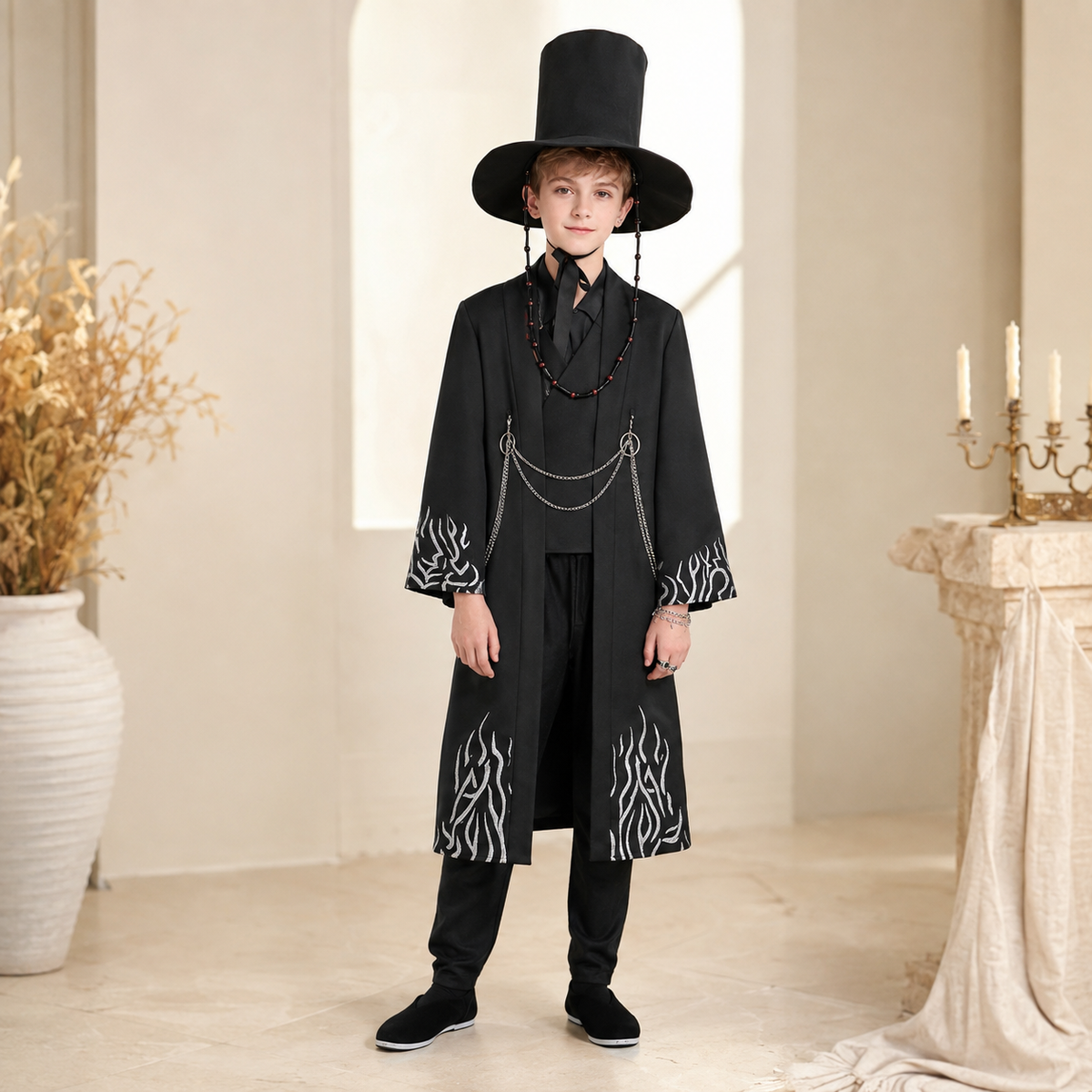 Demon Hunter Black Hanbok Cosplay Costume Tall Gat Hat Kids Adults
