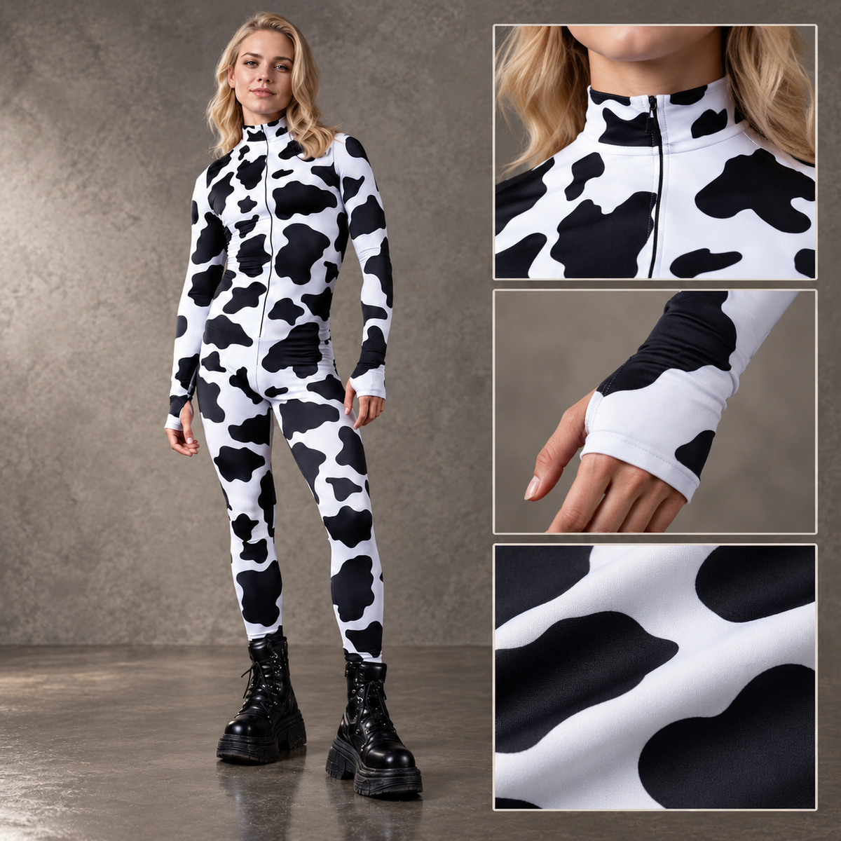 Cow Print Jumpsuit Zip Front High Neck Stretch Bodysuit Mens Womens