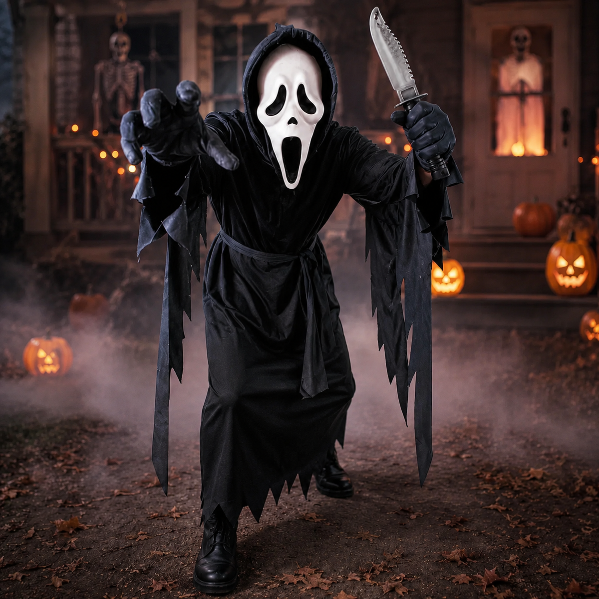 Ghost Face Robe Costume Hooded Black Robe Mask Toy Knife Kids Adults