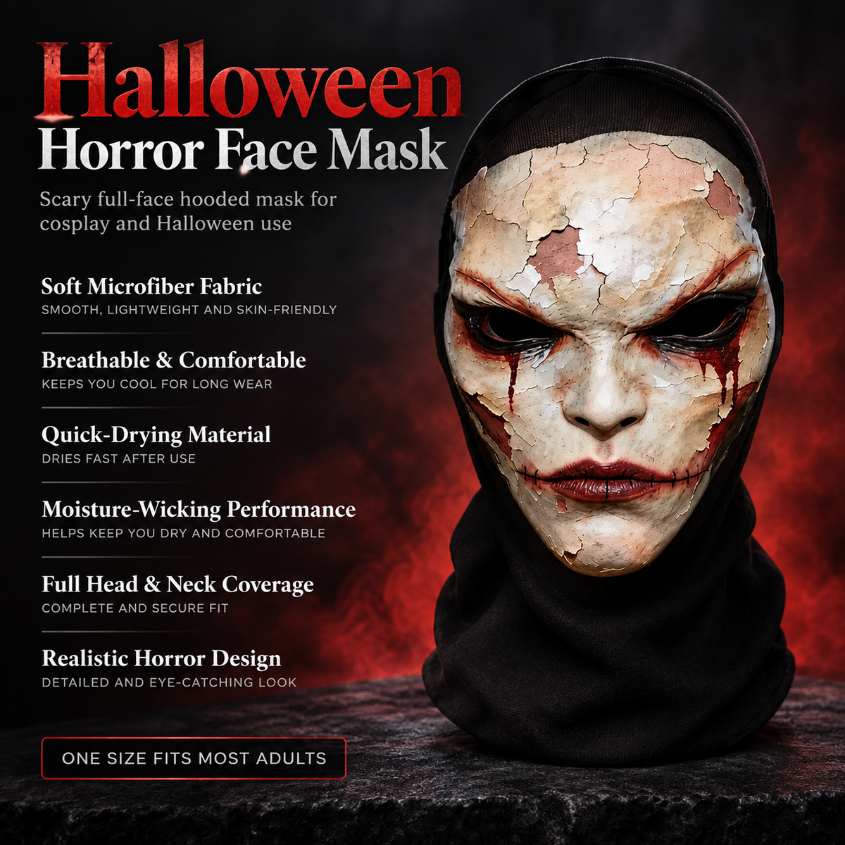 Cracked Porcelain Horror Face Hooded Balaclava Halloween Mask