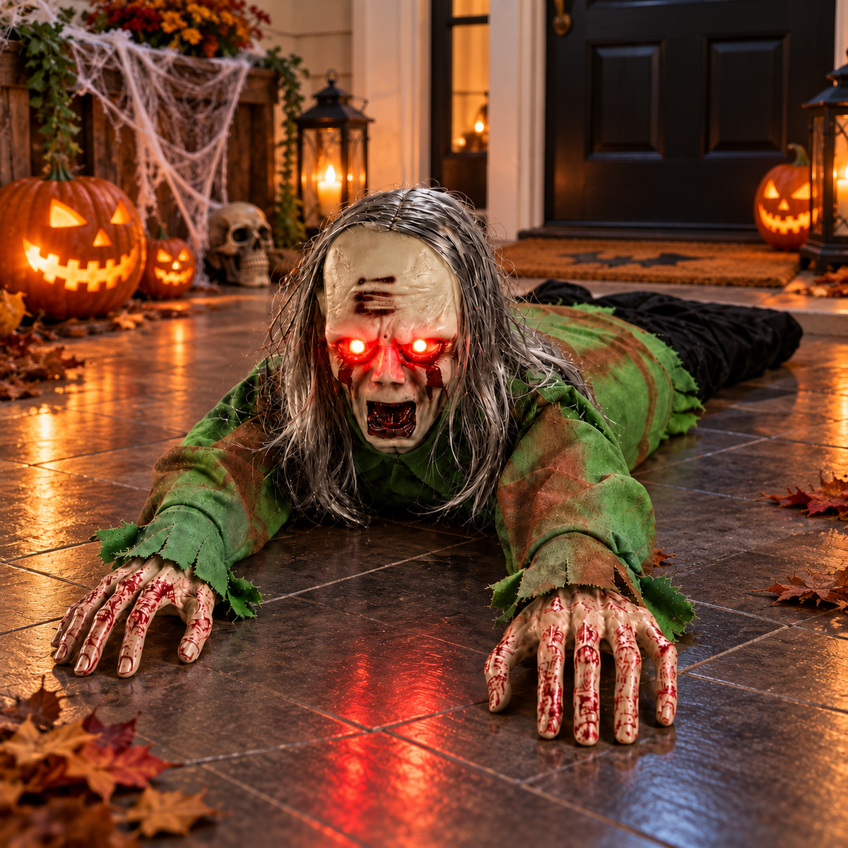 Crawling Zombie Halloween Prop Red LED Eyes Sound Activated Animated