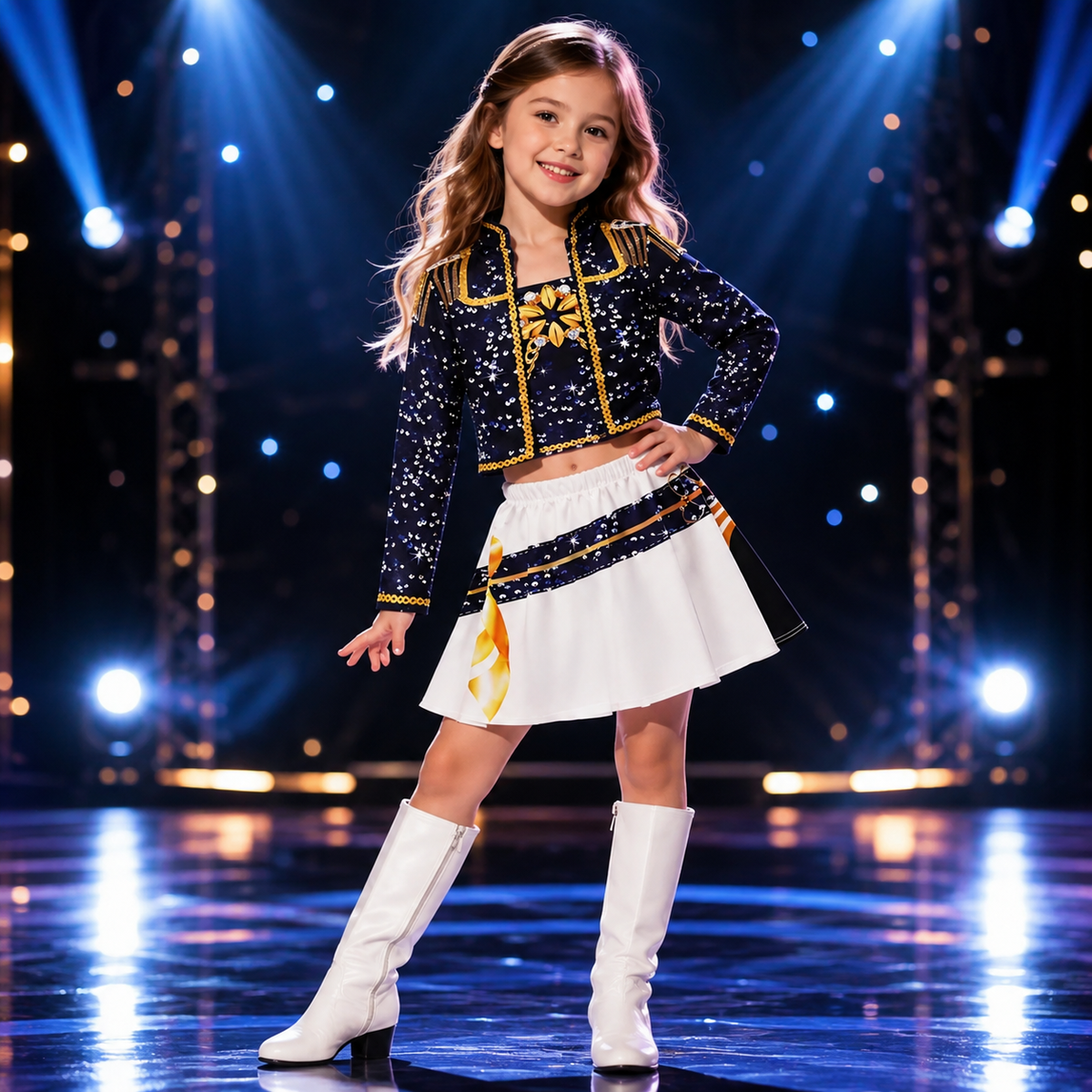 Girls Sequin Majorette Costume Navy Gold Crop Top Skirt Stage Outfit