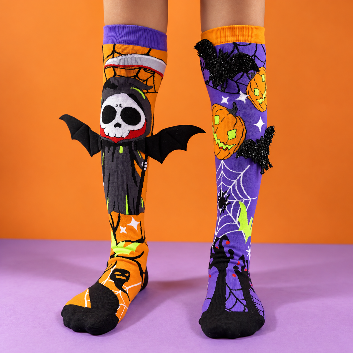 Halloween Knee High Socks Mismatched Skull Reaper Bat and Pumpkin