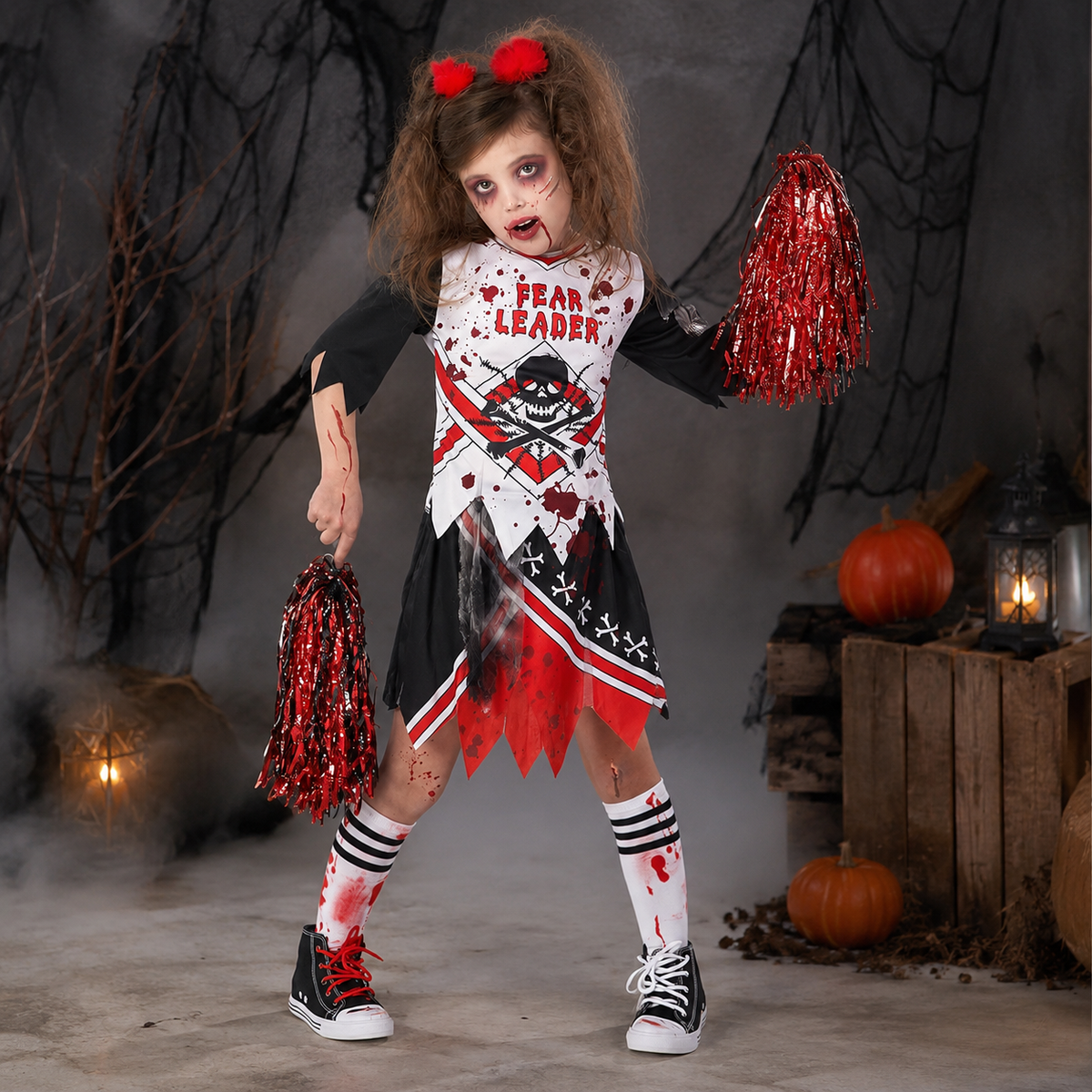 Girls Zombie Cheerleader Costume Bloody Uniform Pom Poms Socks Bows