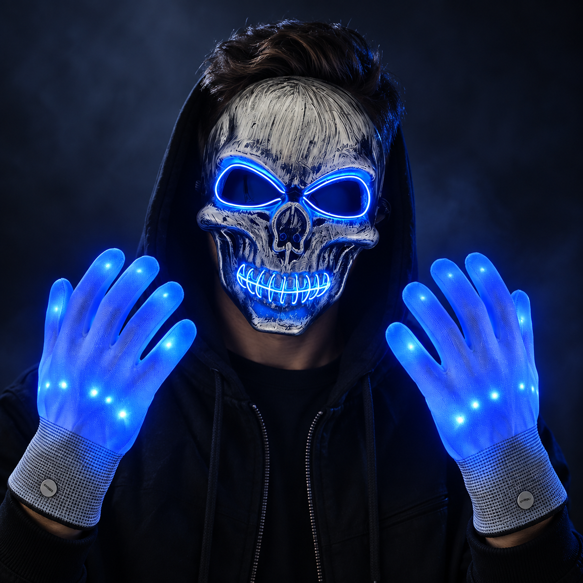 LED Skull Mask and Light Up Gloves Set Blue Red Green Halloween Rave