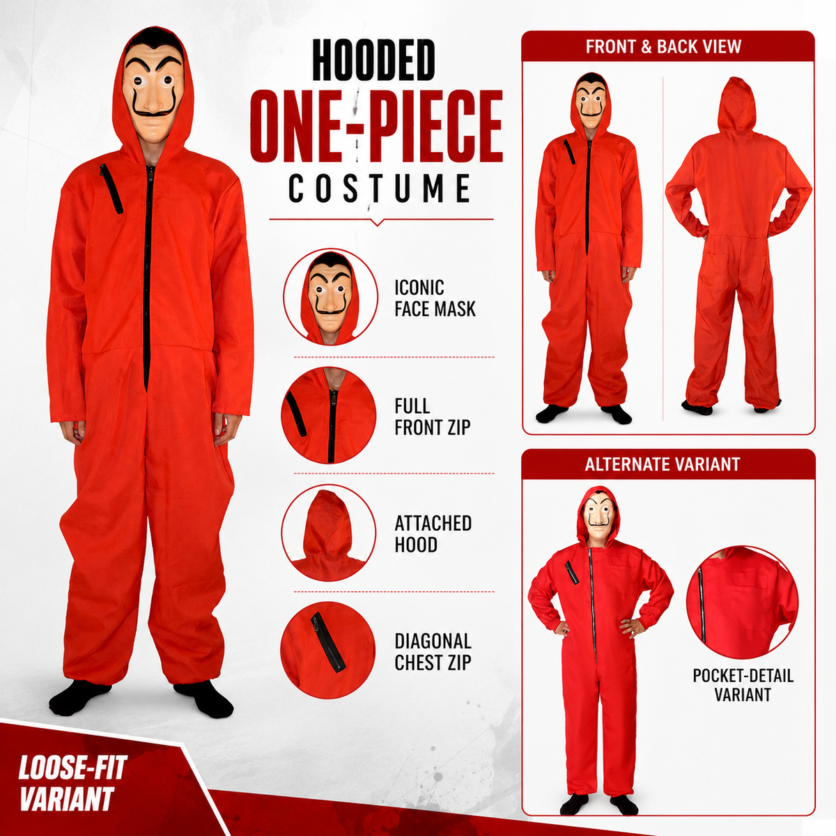 Money Heist Red Jumpsuit Costume with Dali Mask Hooded Coverall Adult