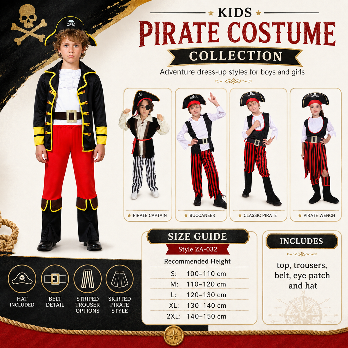 Kids Pirate Costume Five Styles Captain Buccaneer Girl Hat Belt