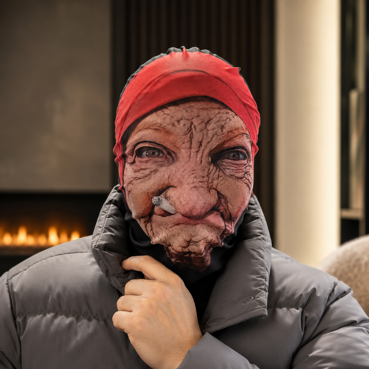 Funny Old Lady Face Mask Wrinkled Granny with Red Headscarf Prank