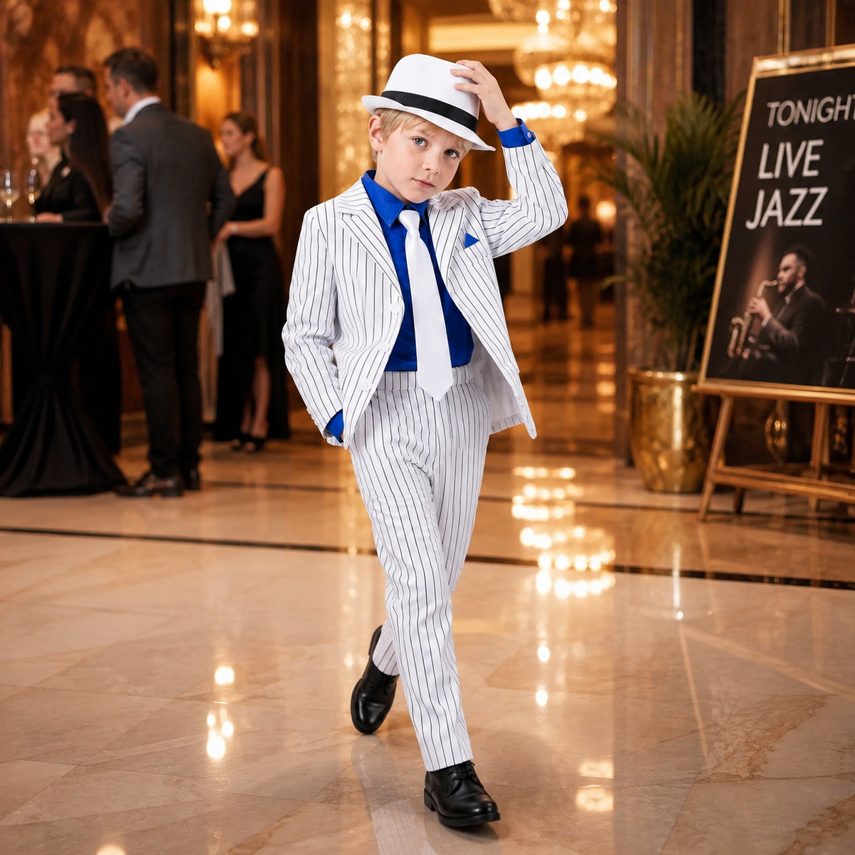 Boys White Pinstripe Suit Costume Blue Shirt Tie Fedora 80s Performer