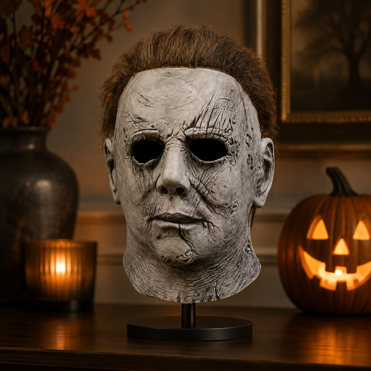 Michael Myers Style Latex Mask Pale Slasher Face Hair Knife Prop