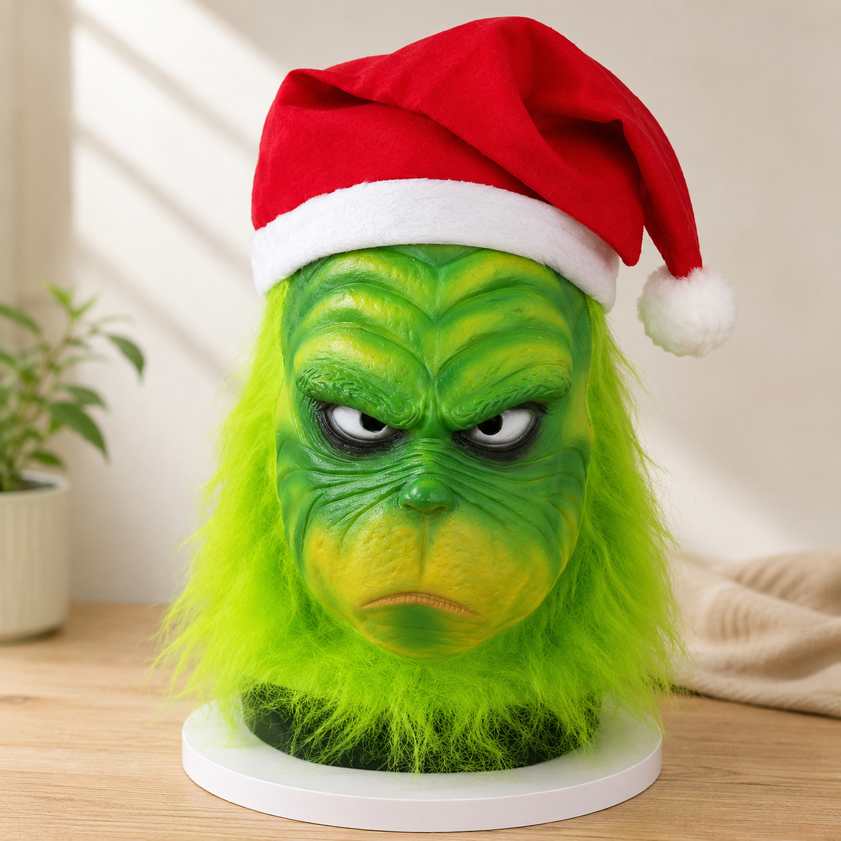 Green Christmas Grinch Style Latex Mask Furry Face Santa Hat Adult