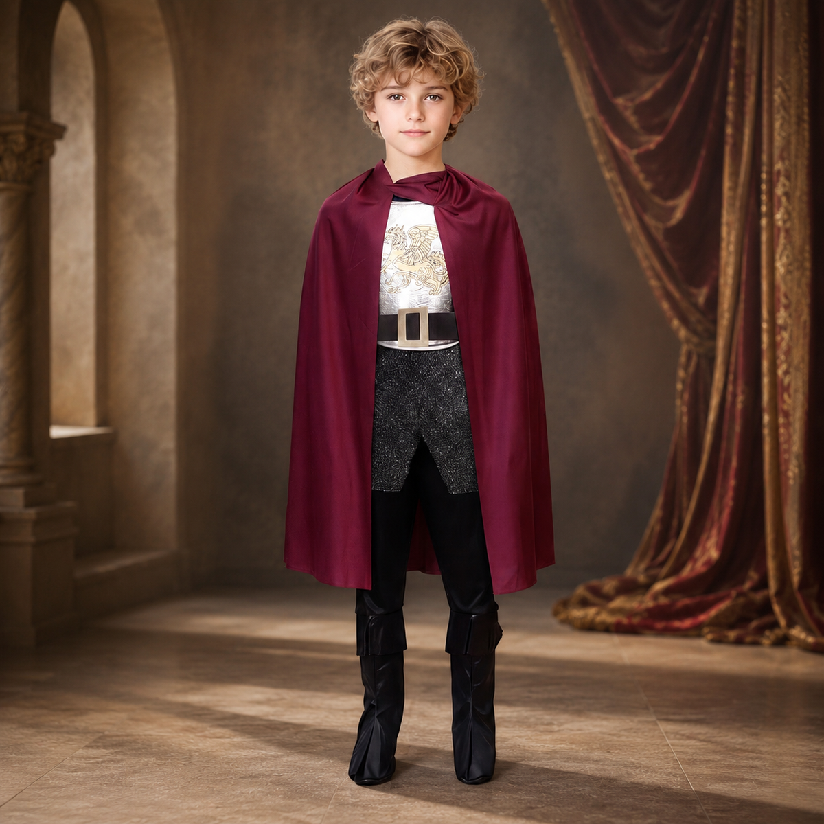 Boys Medieval King Costume Set Tunic Cape Crown Scepter Boot Covers
