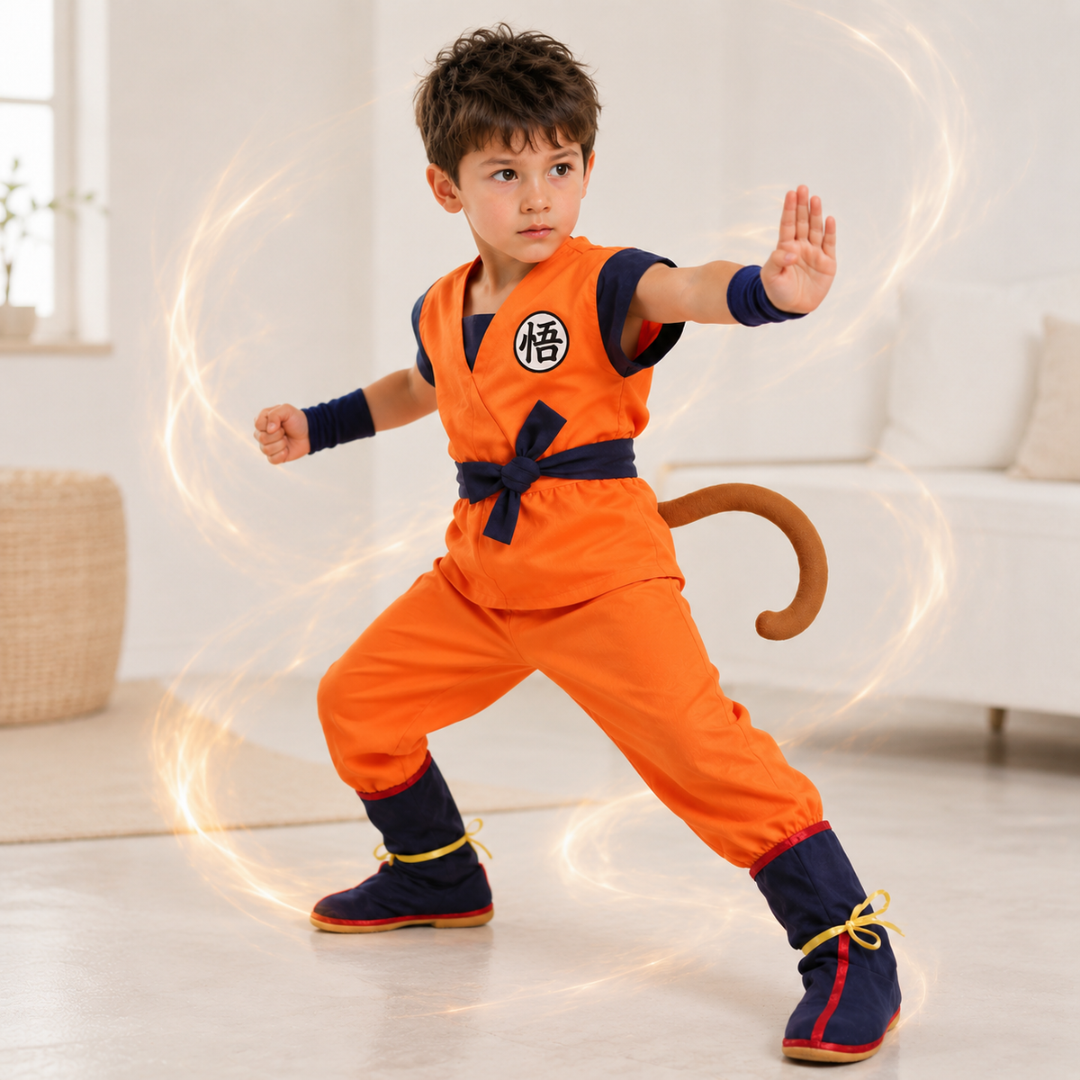 Goku Style Kids Costume Orange Gi Belt Bracers Tail Spiky Wig Options
