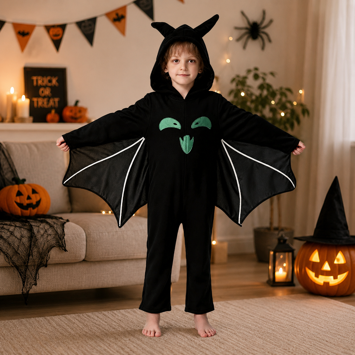 Kids Bat Costume Onesie with Wings Hooded Jumpsuit Glow Bat Back