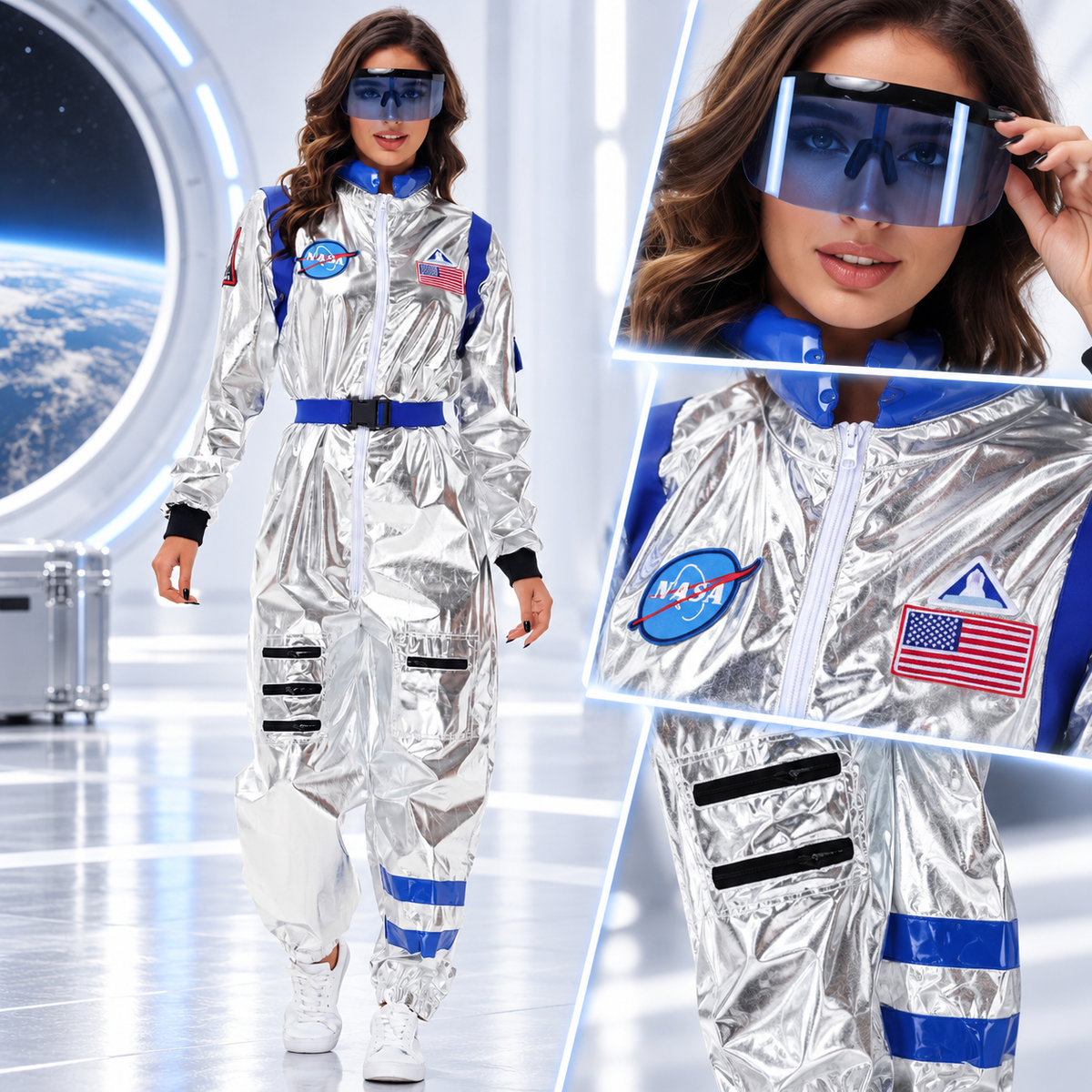 Adult Silver Astronaut Costume Metallic Space Suit Jumpsuit Visor Belt