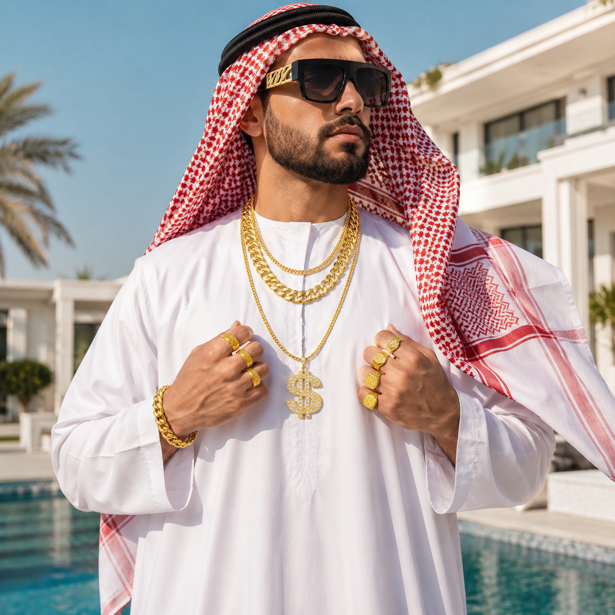 Mens White Robe and Red Checkered Headscarf Costume Set with Agal
