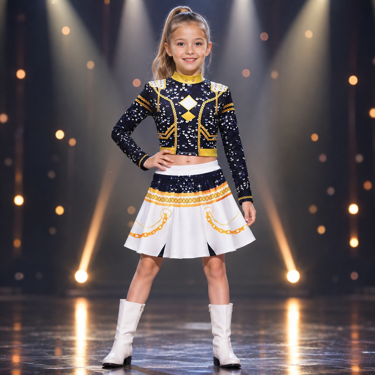 Girls Sequin Majorette Costume Navy Gold Crop Top Skirt Stage Outfit
