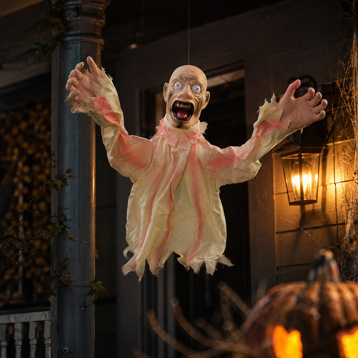 Hanging Screaming Zombie Prop Halloween Decoration Tattered Ghoul