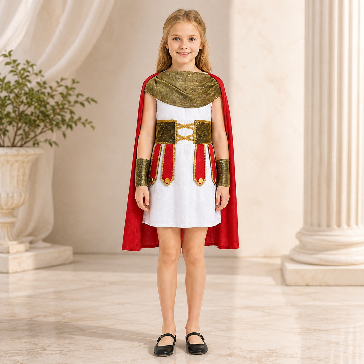 Girls Roman Warrior Costume White Dress Red Cape Gold Cuffs Gladiator