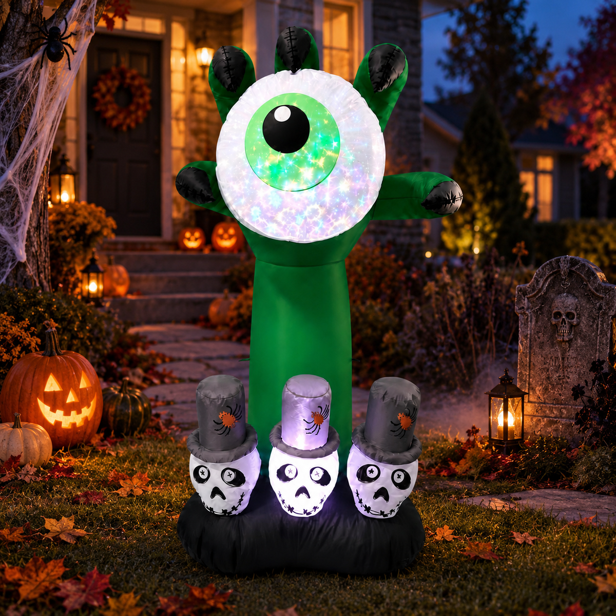 Inflatable Eyeball Monster Hand with Skulls LED Halloween Yard Decor