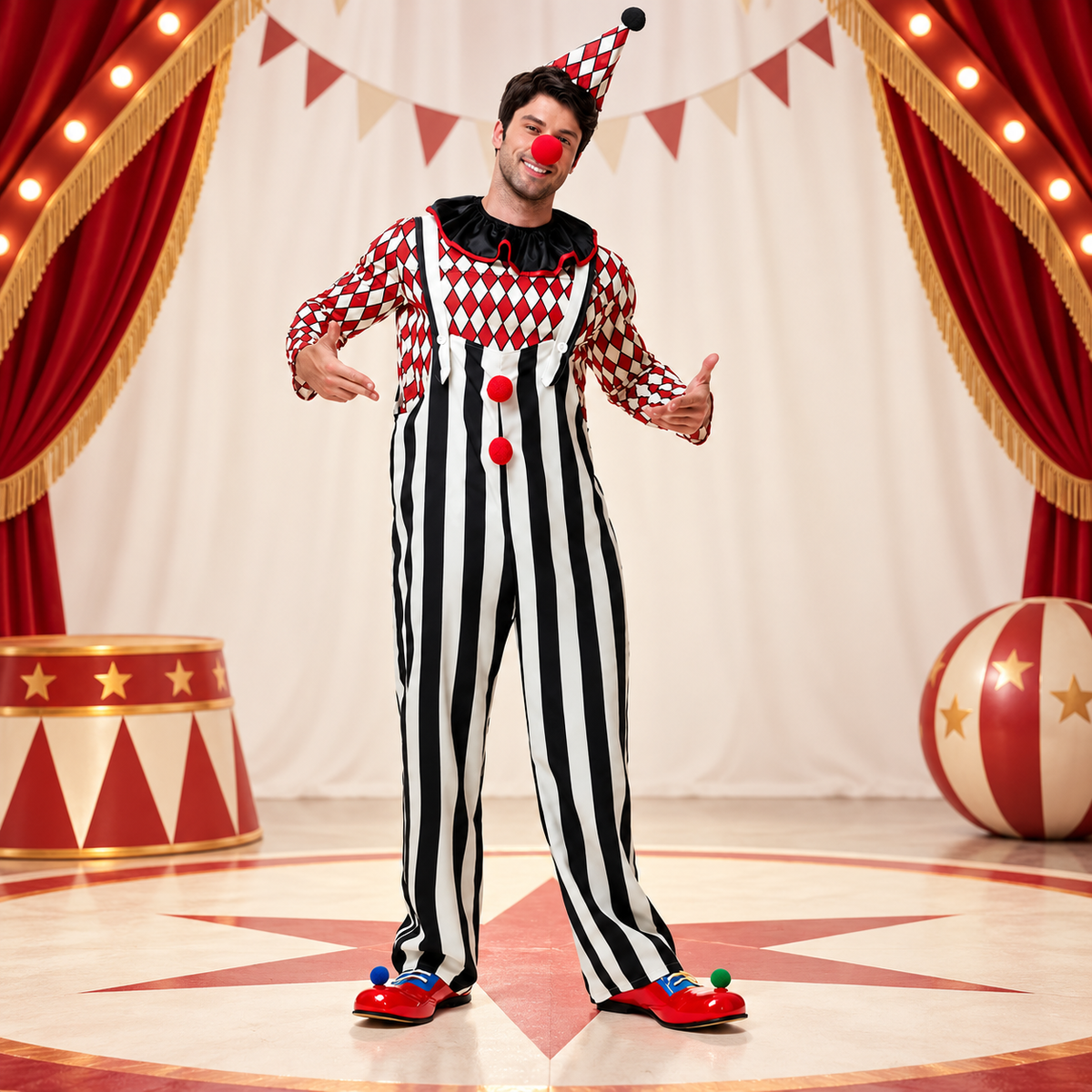 Couples Harlequin Clown Costume Mens Striped Overalls Womens Dress Hat