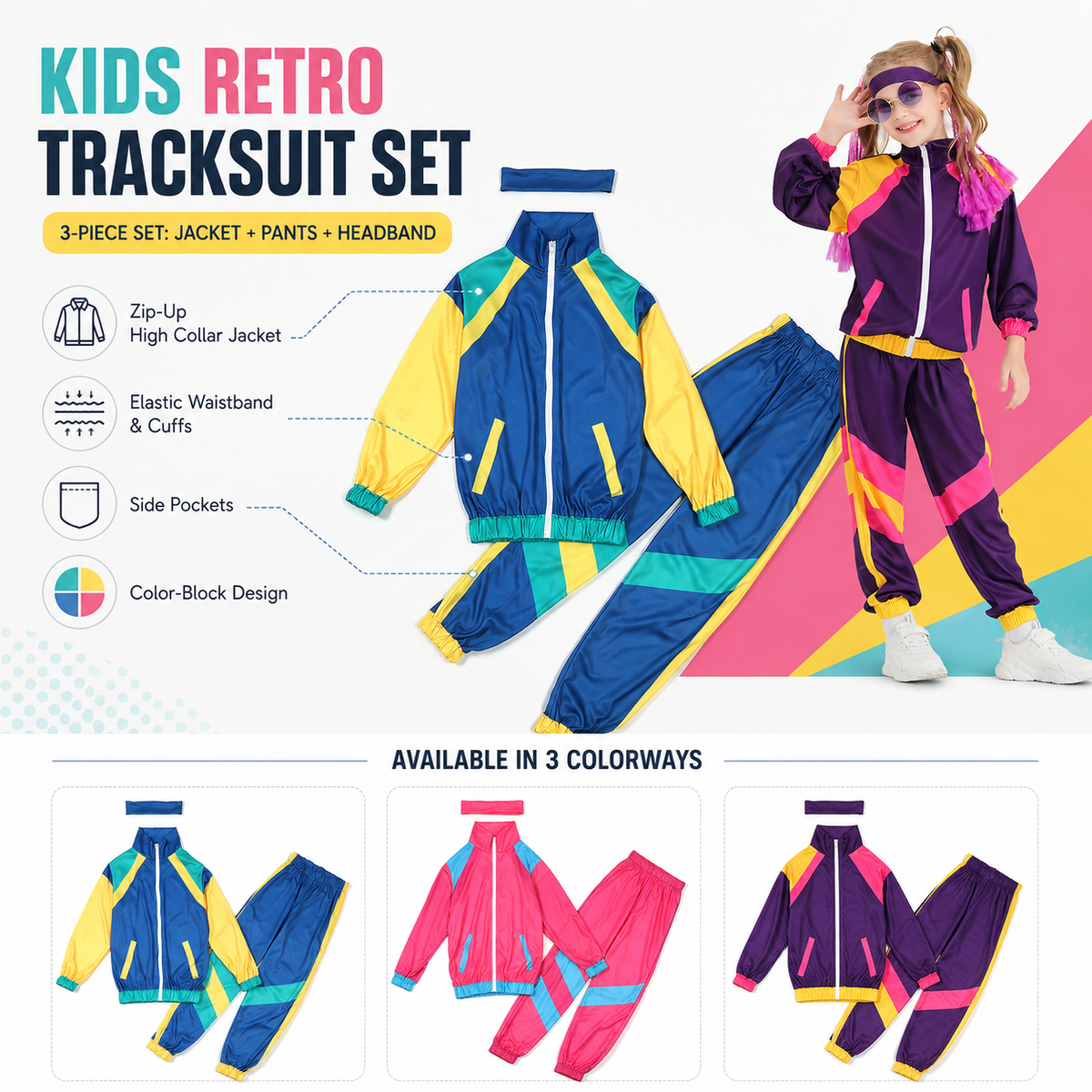 Kids 80s Retro Tracksuit Costume Color Block Jacket Pants Headband