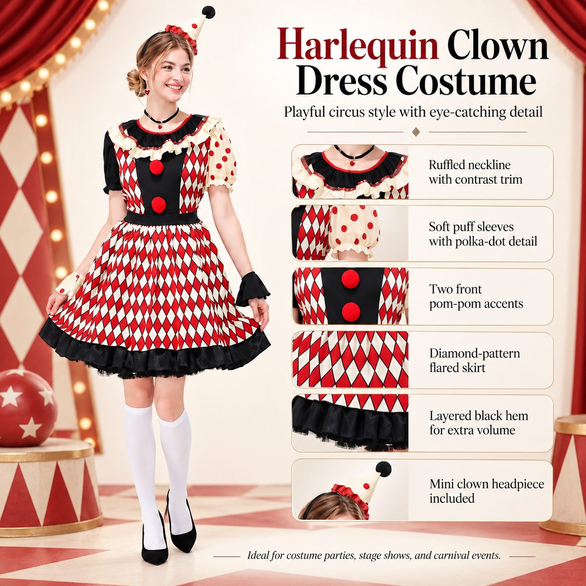 Couples Harlequin Clown Costume Mens Striped Overalls Womens Dress Hat