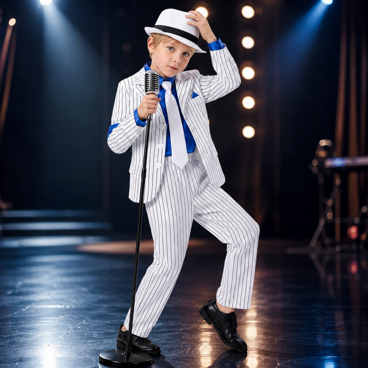 Boys White Pinstripe Suit Costume Blue Shirt Tie Fedora 80s Performer