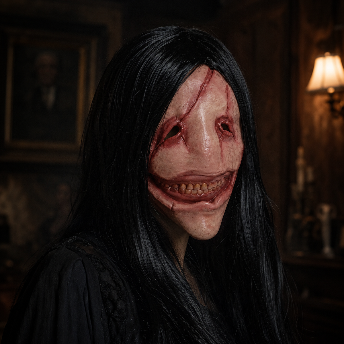 Creepy Smiling Face Latex Mask with Long Black Hair Scarred Horror