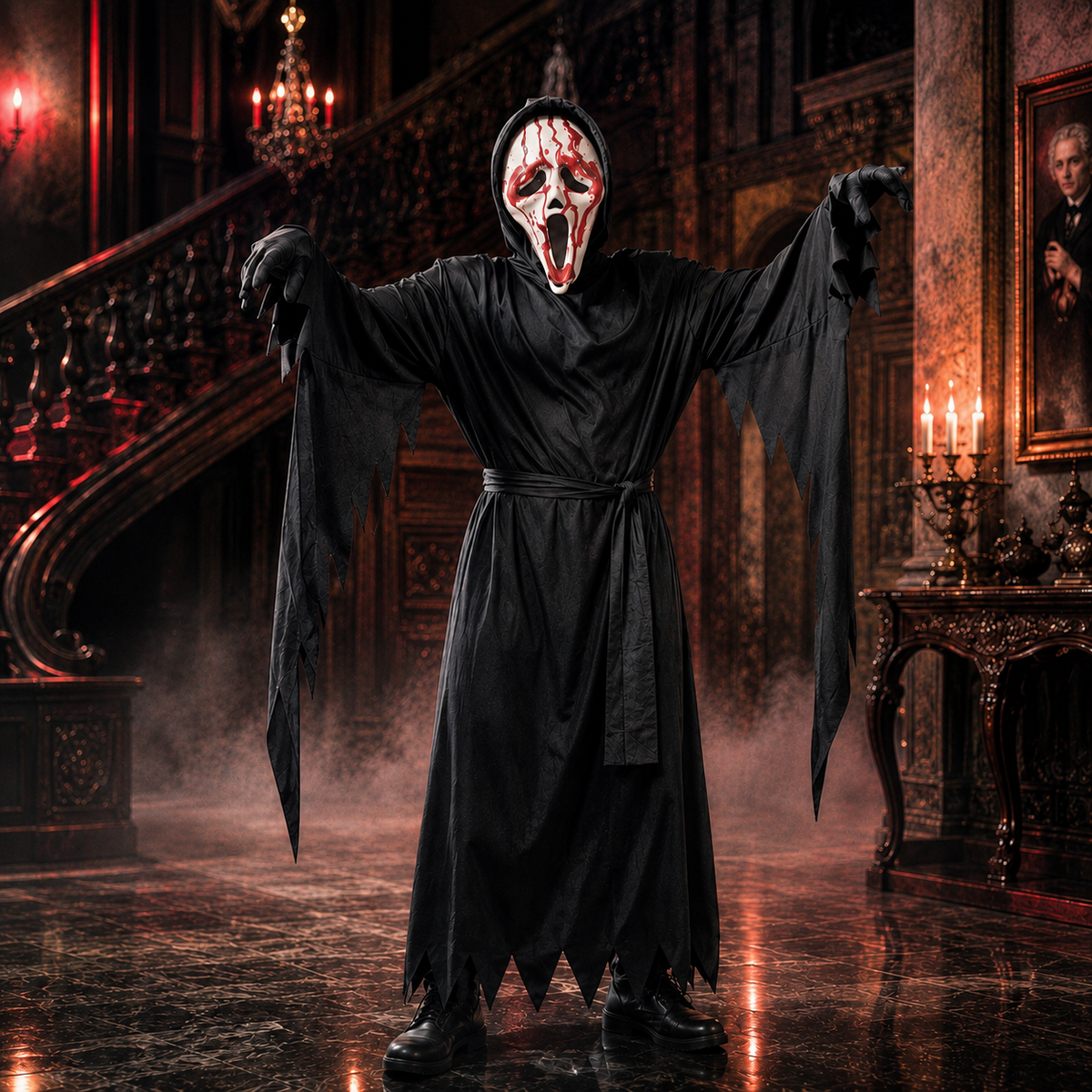 Hooded Reaper Robe Costume with Ghost Face Mask Gloves Sash Kids Adult