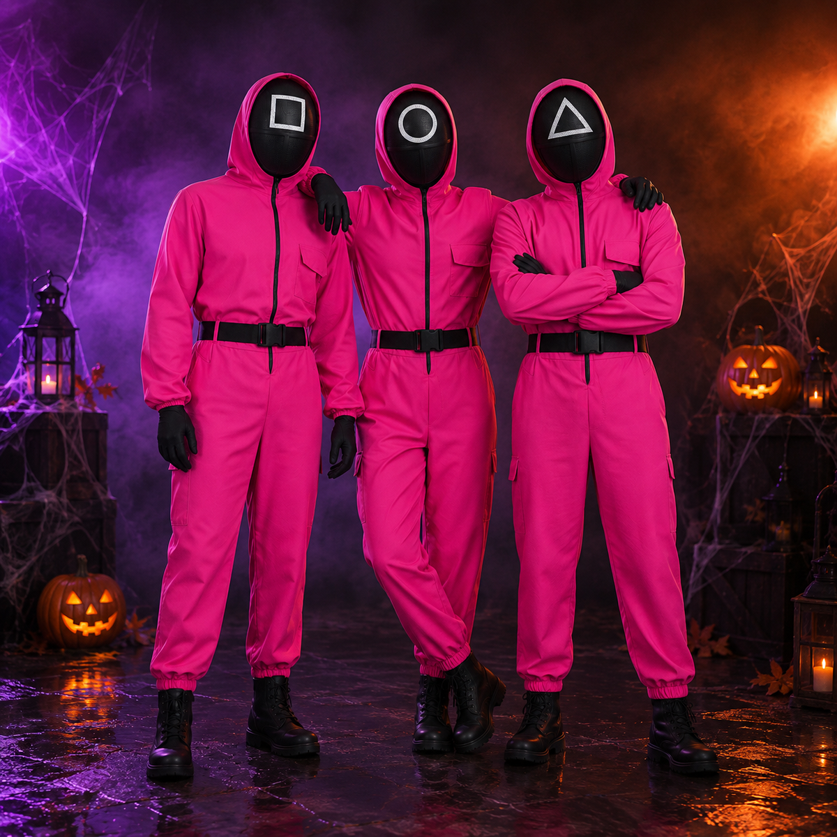 Adult Squid Game Guard Costume Hot Pink Jumpsuit Mask Belt Gloves