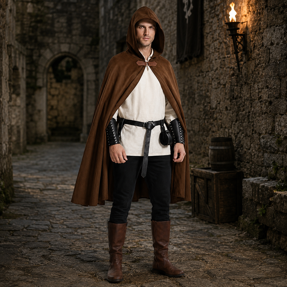Medieval Hooded Cape Renaissance Cloak Wooden Toggle Black Green Brown