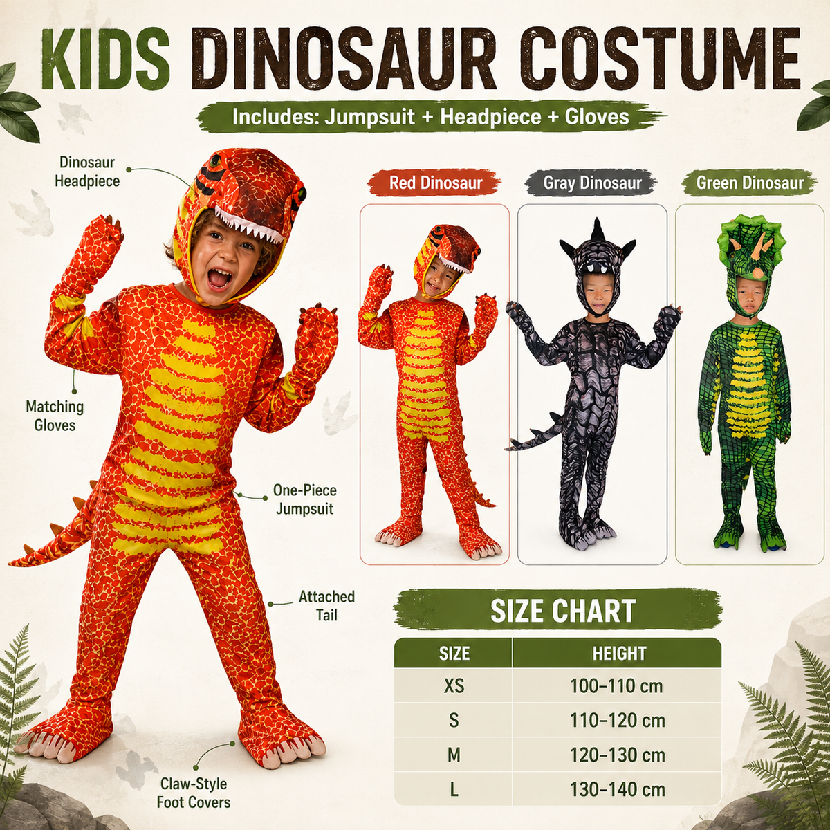 Kids Dinosaur Costume T Rex Triceratops Jumpsuit with Headpiece Gloves
