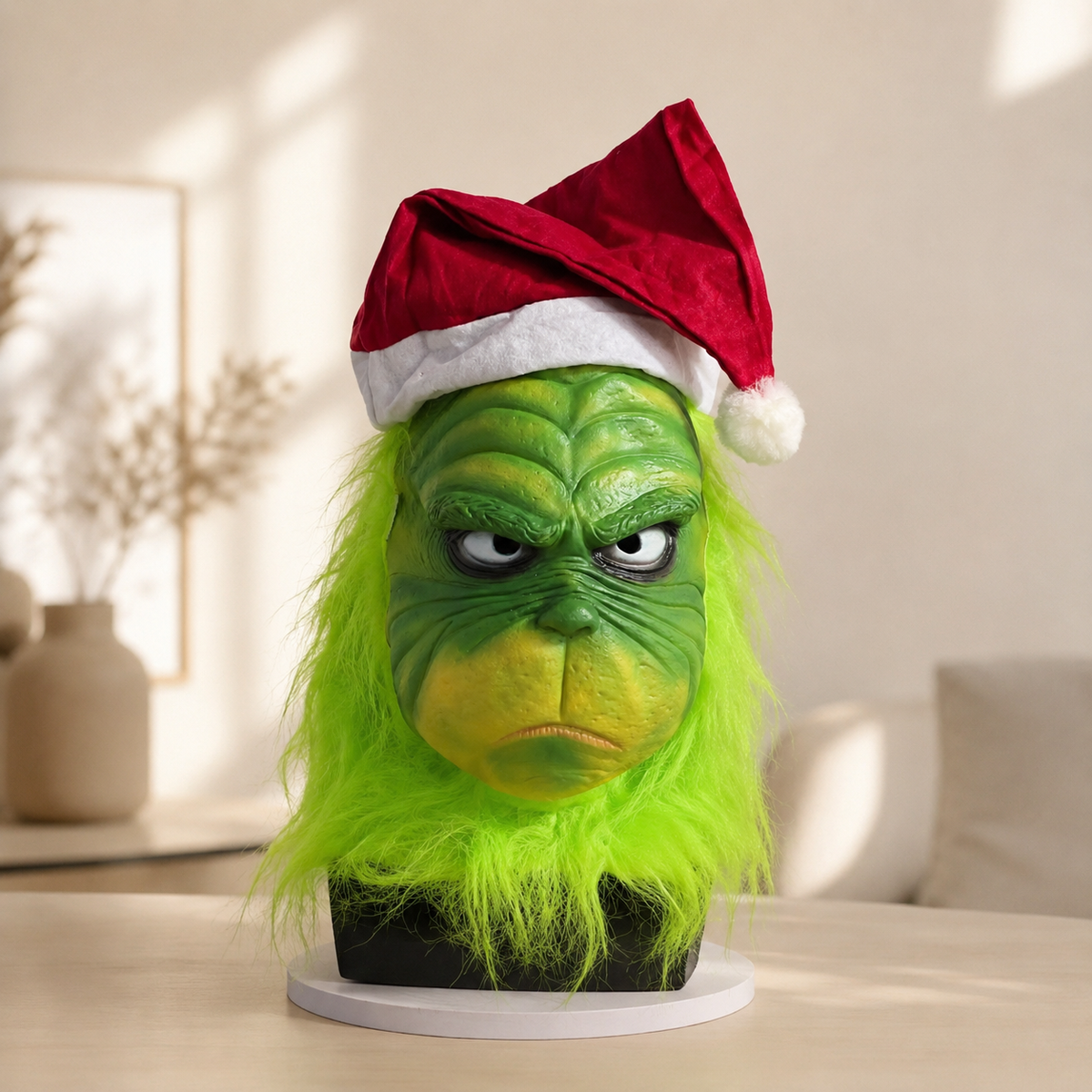 Green Christmas Grinch Style Latex Mask Furry Face Santa Hat Adult